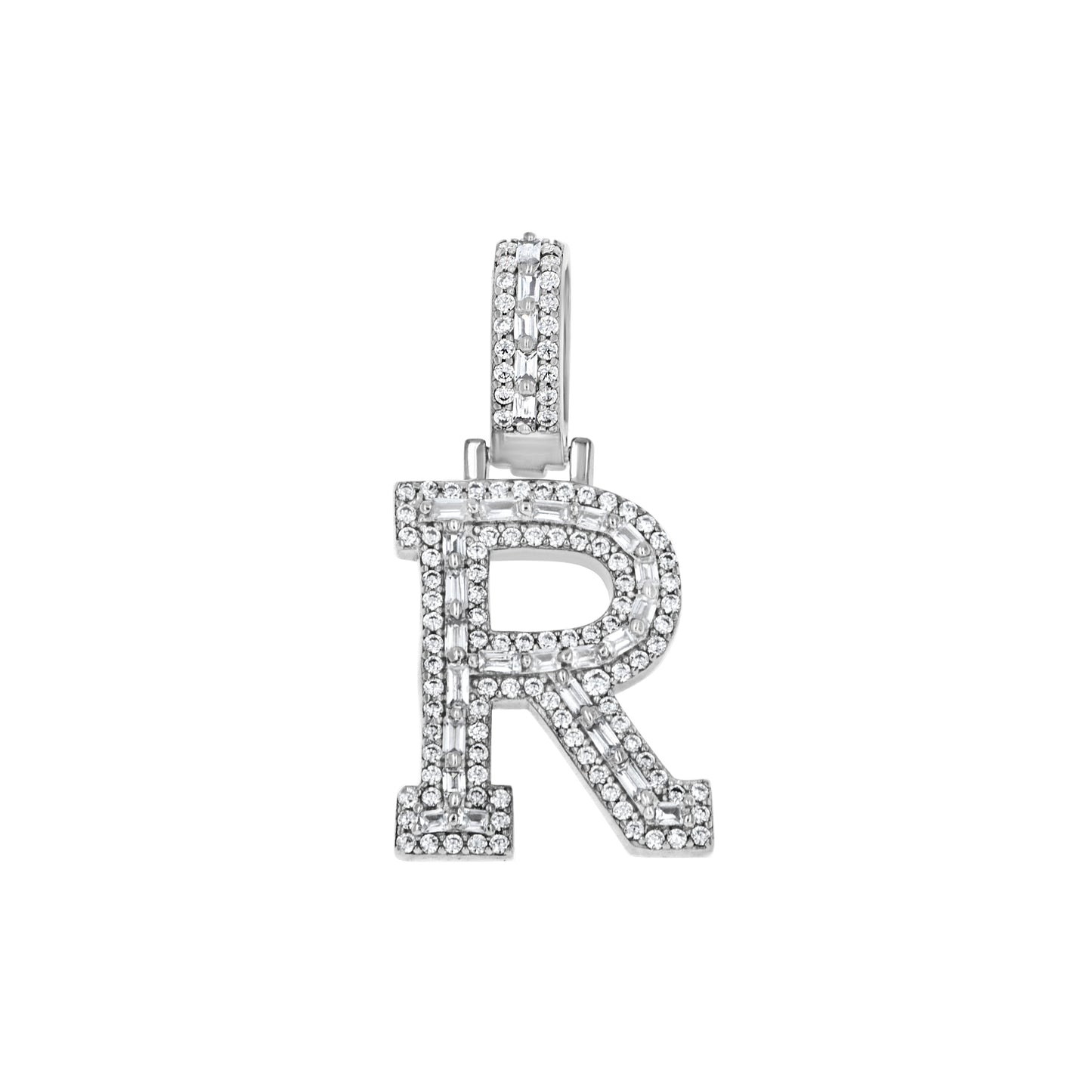 Sterling Silver Unisex Round Baguette Cubic Zirconia Initial Letter A Charm Pendant