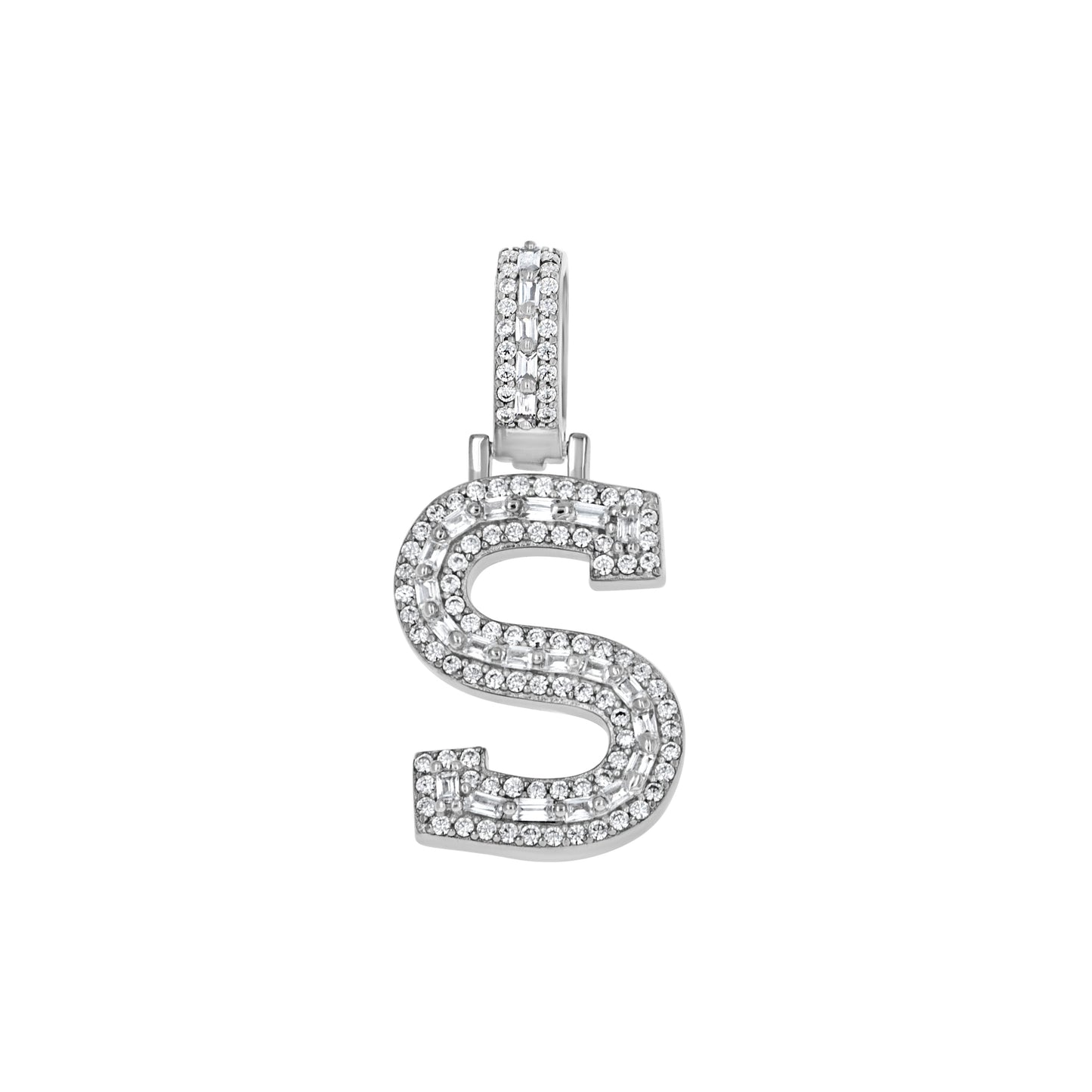 Sterling Silver Unisex Round Baguette Cubic Zirconia Initial Letter A Charm Pendant