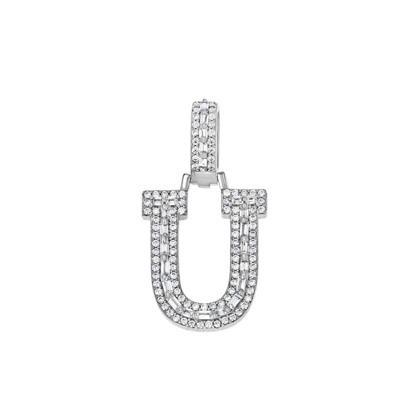Sterling Silver Unisex Round Baguette Cubic Zirconia Initial Letter A Charm Pendant