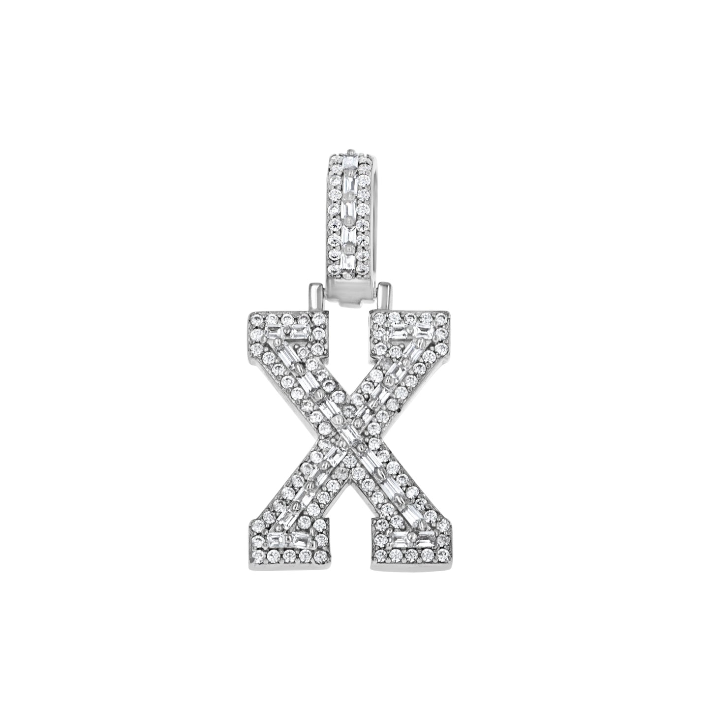 Sterling Silver Unisex Round Baguette Cubic Zirconia Initial Letter A Charm Pendant
