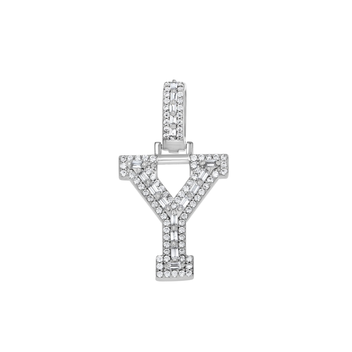 Sterling Silver Unisex Round Baguette Cubic Zirconia Initial Letter A Charm Pendant