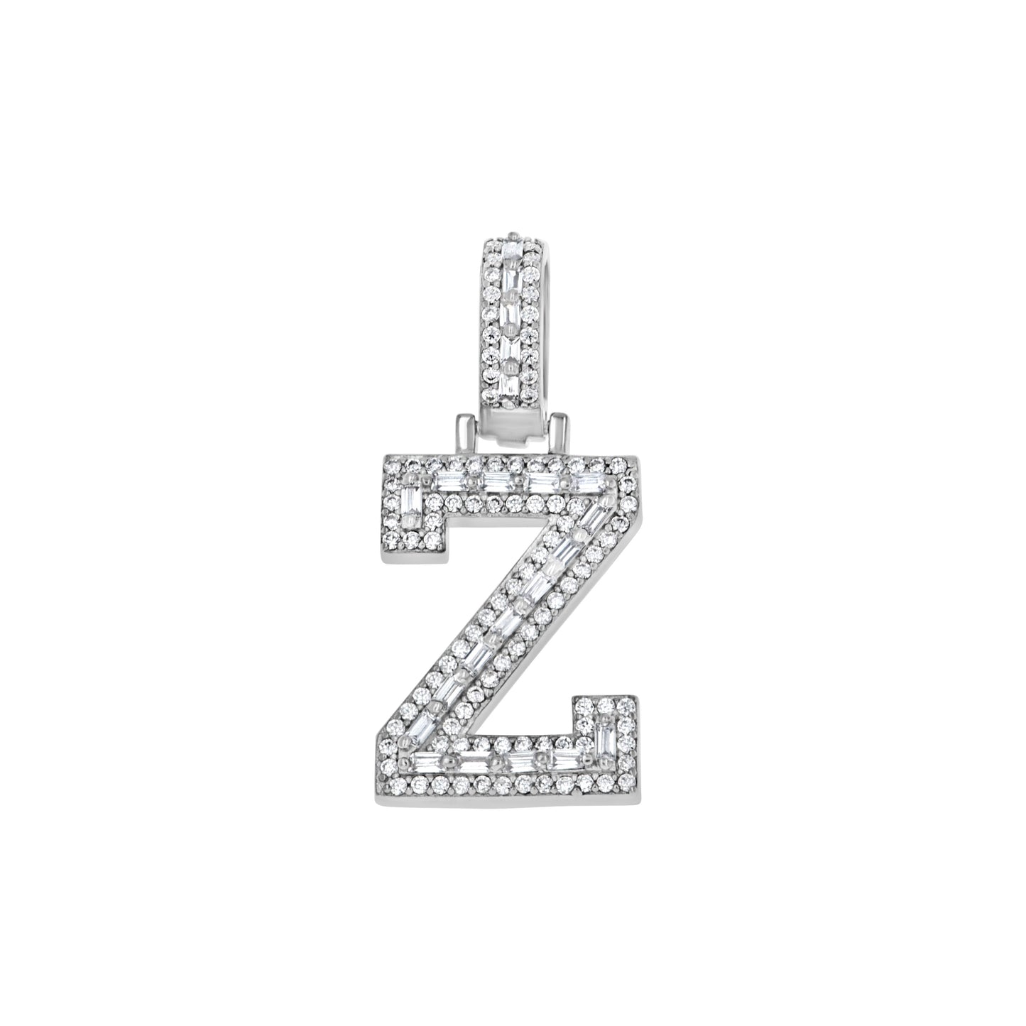 Sterling Silver Unisex Round Baguette Cubic Zirconia Initial Letter A Charm Pendant