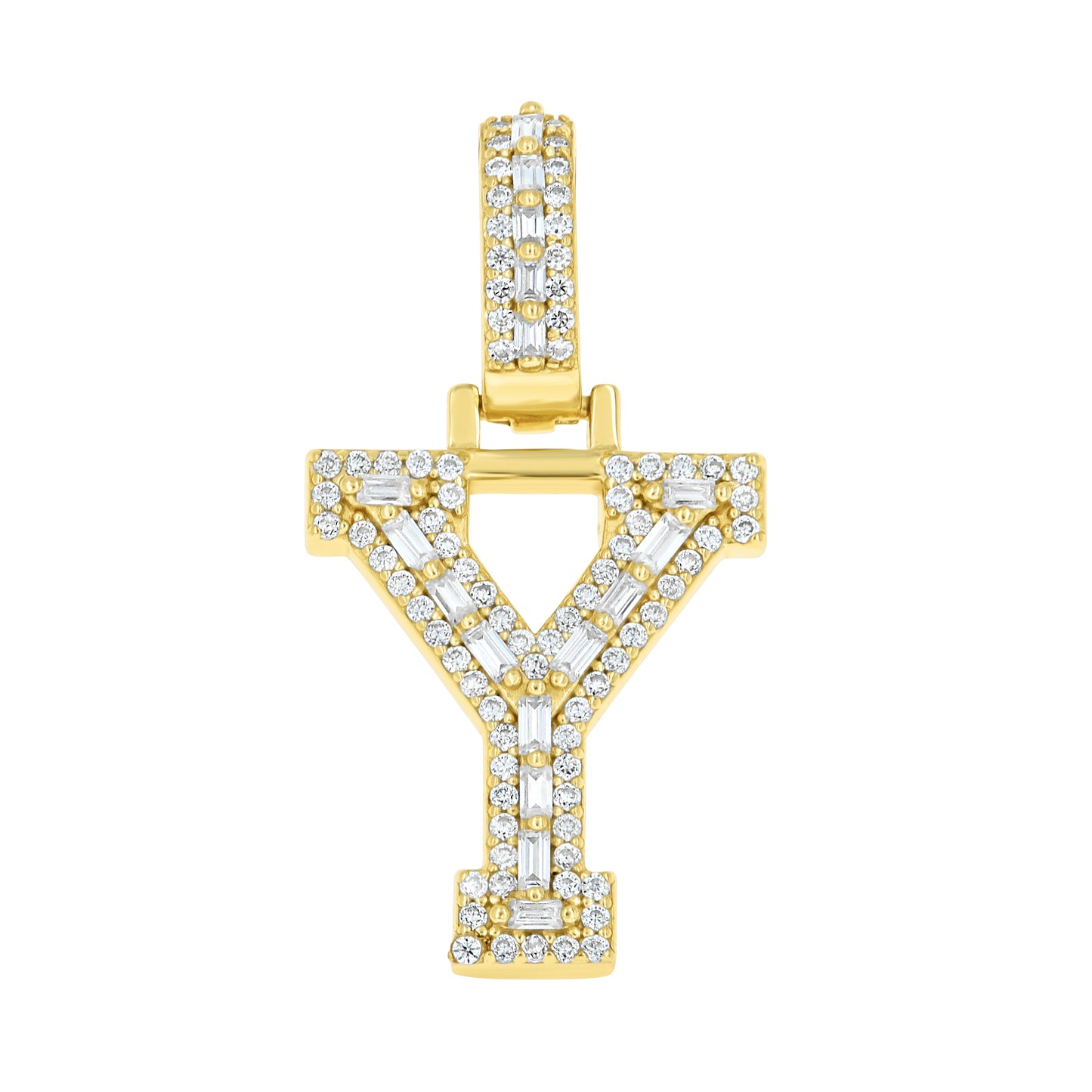 Sterling Silver Yellow-Tone Unisex Baguette Round Moissanite Initial Alphabet Charm Pendant