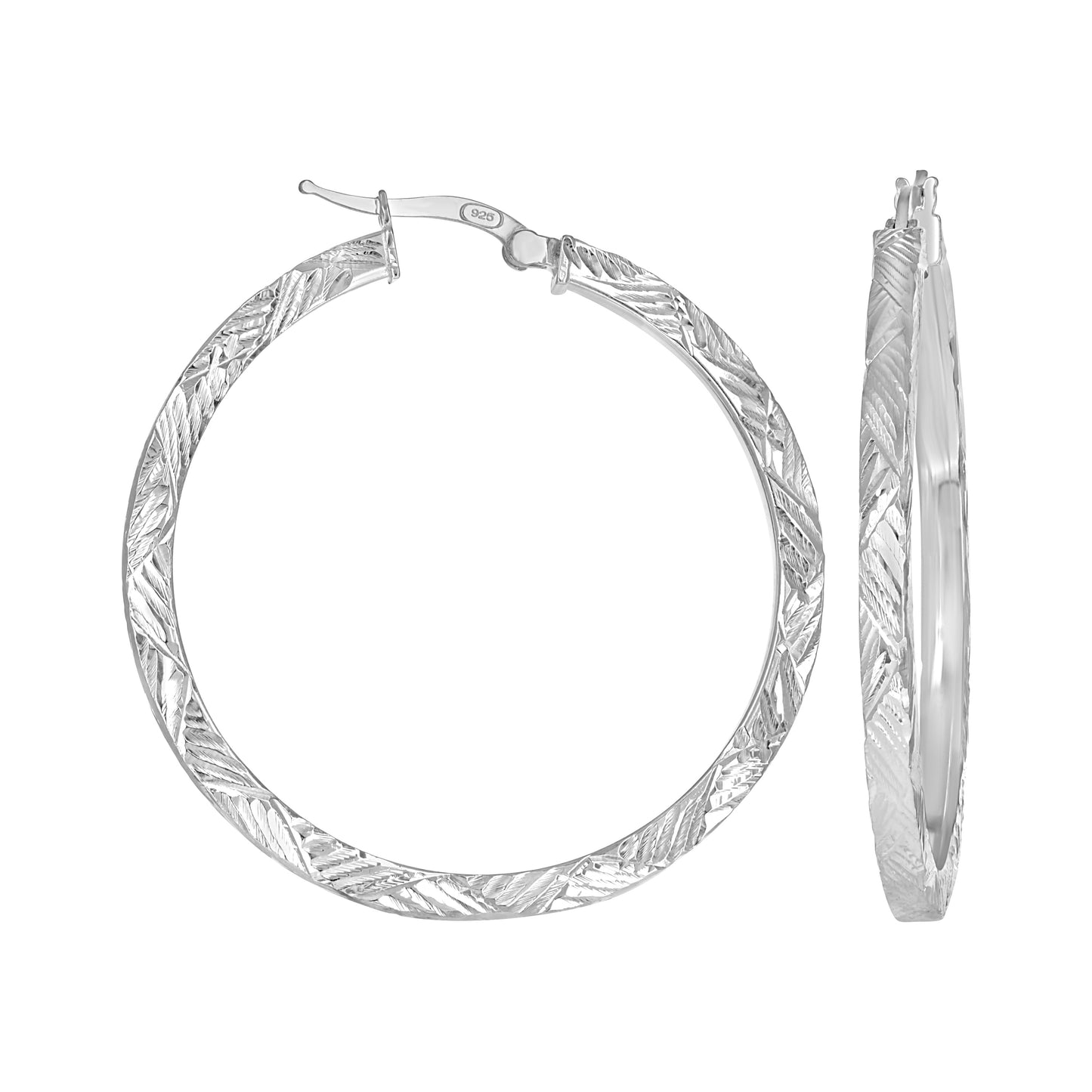 Sterling Silver Womens Diamond-Cut Patterned Square Tube Hoop Earrings