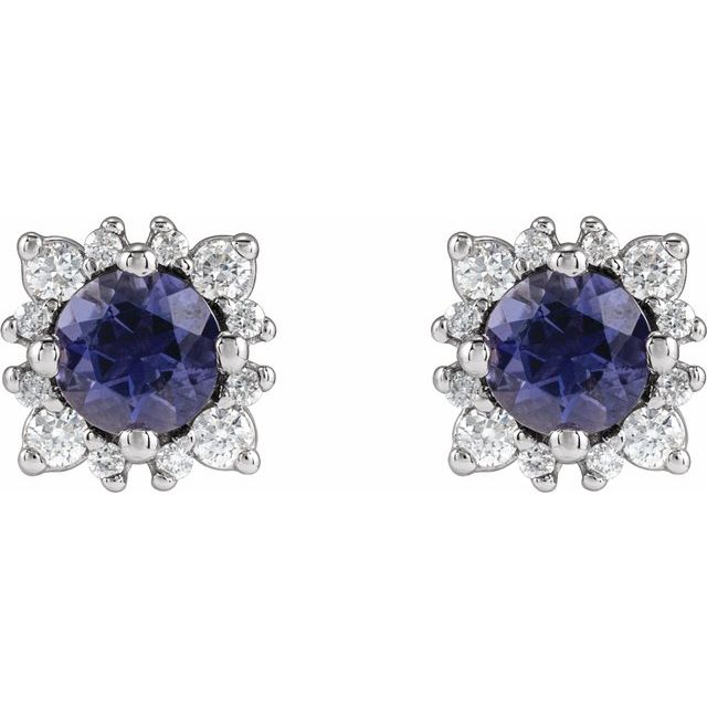 14K White Gold 4 Mm Round Friction Back Polished Natural Iolite And 1/6 Ctw Natural Diamond Halo-Style Stud Earrings