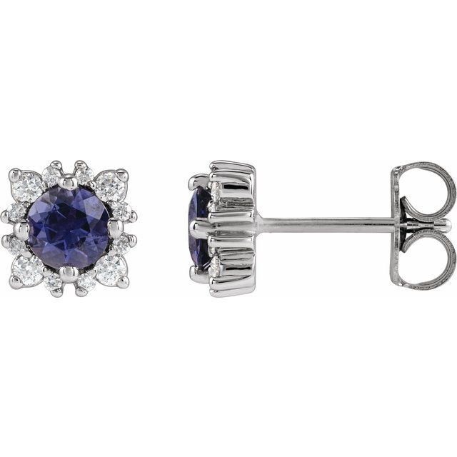 14K White Gold 4 Mm Round Friction Back Polished Natural Iolite And 1/6 Ctw Natural Diamond Halo-Style Stud Earrings