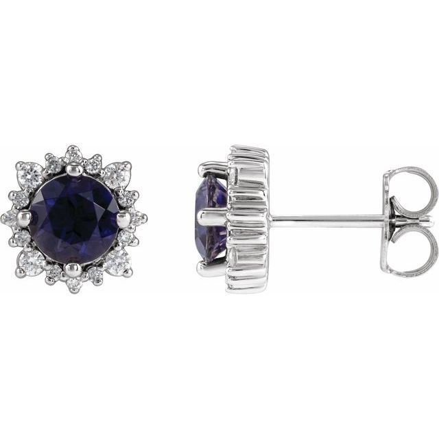 14K White Gold 5 Mm Round Friction Back Polished Natural Iolite And 1/6 Ctw Natural Diamond Halo-Style Stud Earrings