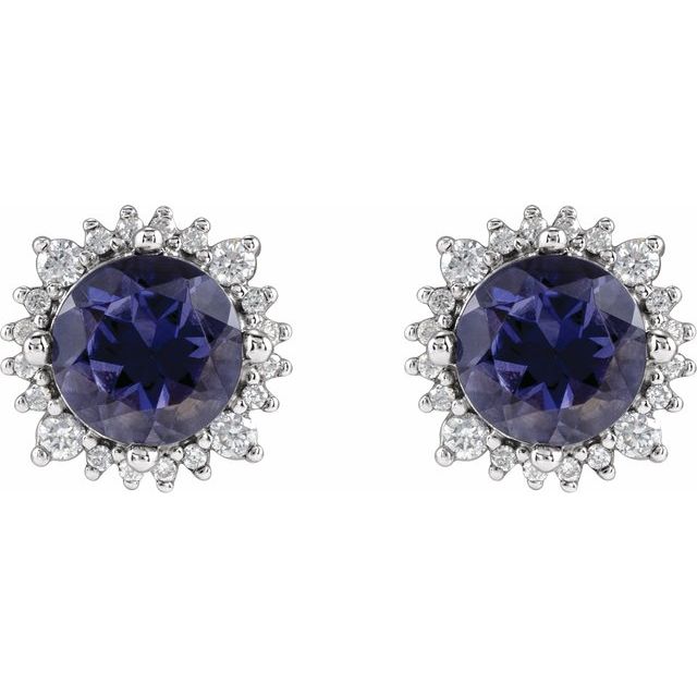 14K White Gold 6 Mm Round Friction Back Polished Natural Iolite And 1/5 Ctw Natural Diamond Halo-Style Stud Earrings
