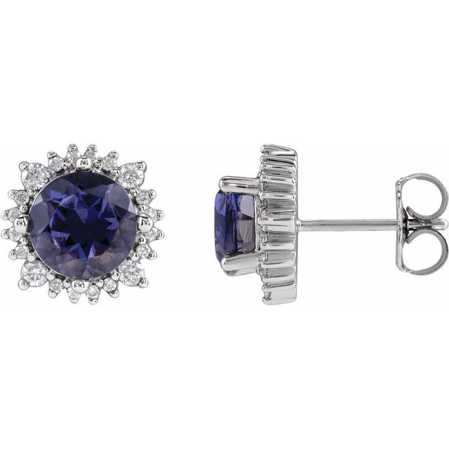 14K White Gold 6 Mm Round Friction Back Polished Natural Iolite And 1/5 Ctw Natural Diamond Halo-Style Stud Earrings