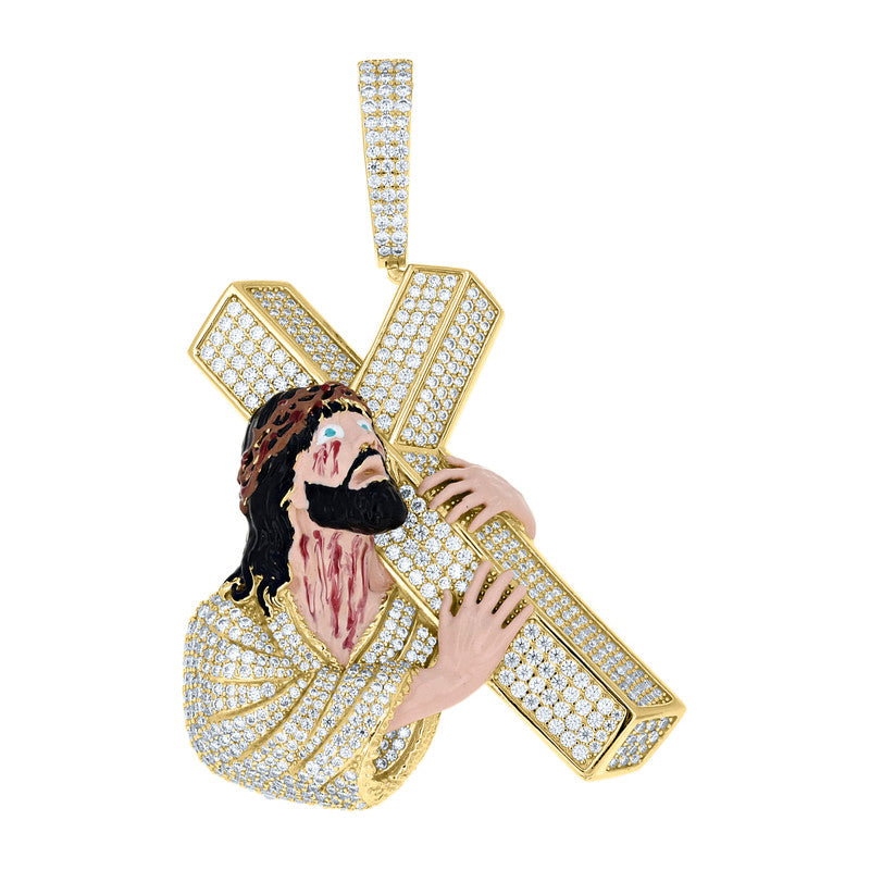 925 Sterling Silver Mens Moissanite Enameled Jesus Religious Charm Pendant