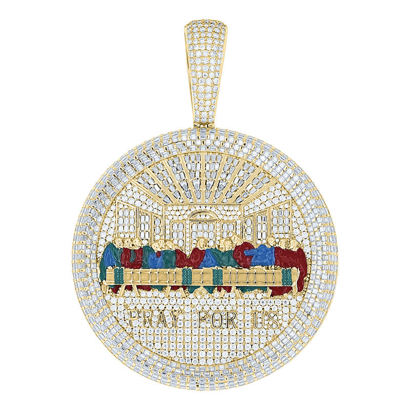 925 Sterling Silver Mens Baguette Round Moissanite Enameled Last Supper Religious Charm Pendant
