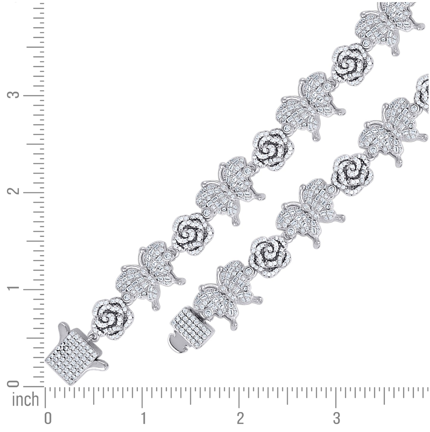 Sterling Silver Yellow-Tone Womens Baguette Round 3.39ct, 2.45ct Moissanite Flower Butterfly Charm Bracelet 7.5 Inches– Elegant Jewelry Gift for Birthday, Anniversary, Engagement, Wedding