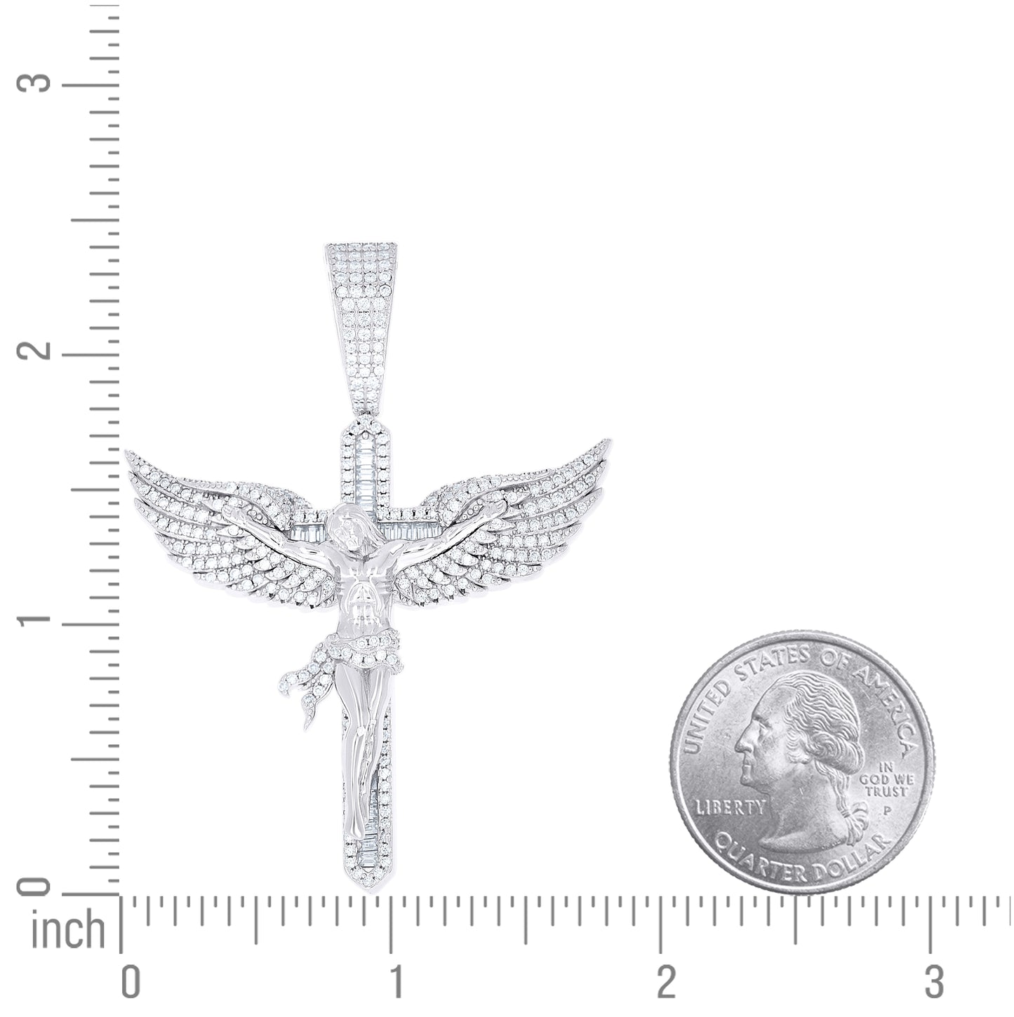Sterling Silver Men Round Baguette 1.54ct, 0.80ct Moissanite Angel Wing Crucifix Religious Pendant – Elegant Jewelry Gift for Birthday, Anniversary, Engagement, Wedding