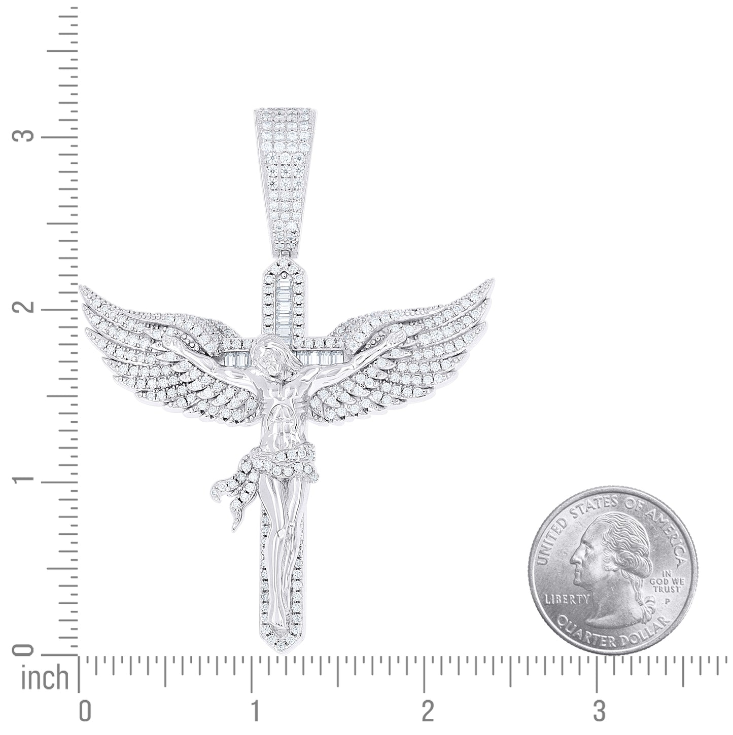 Sterling Silver Men Round Baguette 3.36ct, 1.47ct Moissanite Angel Wing Crucifix Religious Pendant – Elegant Jewelry Gift for Birthday, Anniversary, Engagement, Wedding