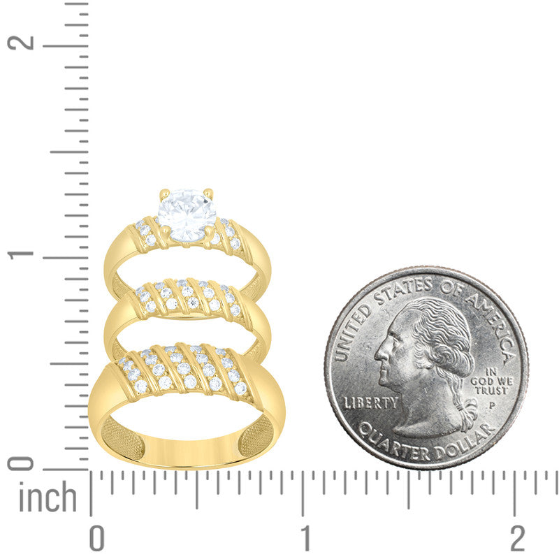 10kt Yellow Gold His & Her Cubic-Zirconia Trio Ring Set