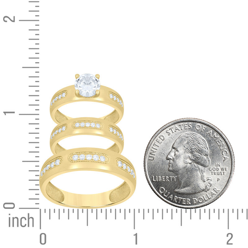 10kt Yellow Gold His & Her Cubic-Zirconia Trio Ring Set