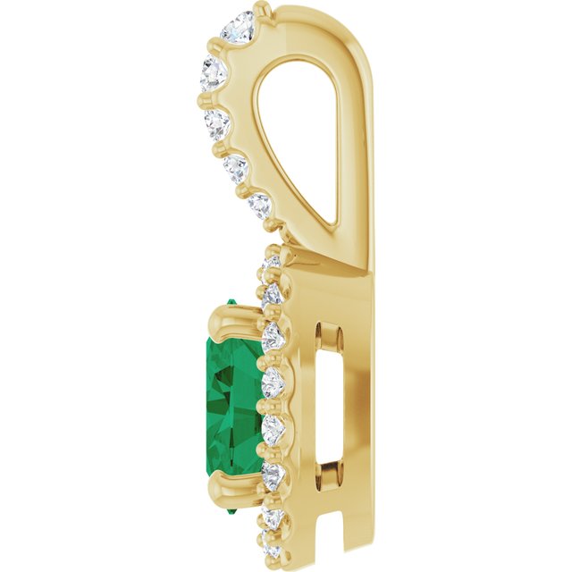 14K Yellow Gold Oval 7 X 5Mm I1, G-H Polished Lab-Grown Emerald And 1/5 Ctw Natural Diamond Halo-Style Pendant