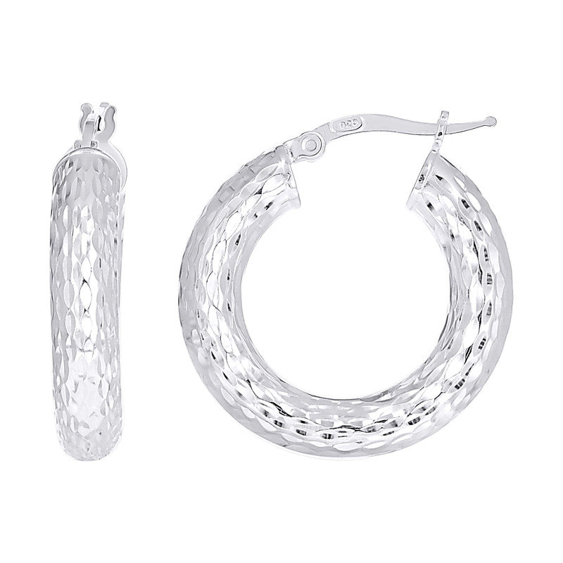 925 Sterling Silver Womens Diamond-Cut Round Tube Hoop Earrings