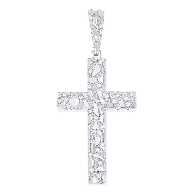 925 Sterling Silver Mens Cubic-Zirconia Nugget Cross Religious Charm Pendant