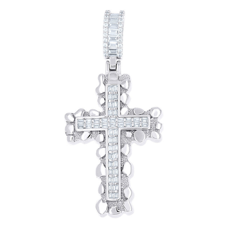 925 Sterling Silver Mens Baguette Round Cubic-Zirconia Nugget Cross Religious Charm Pendant