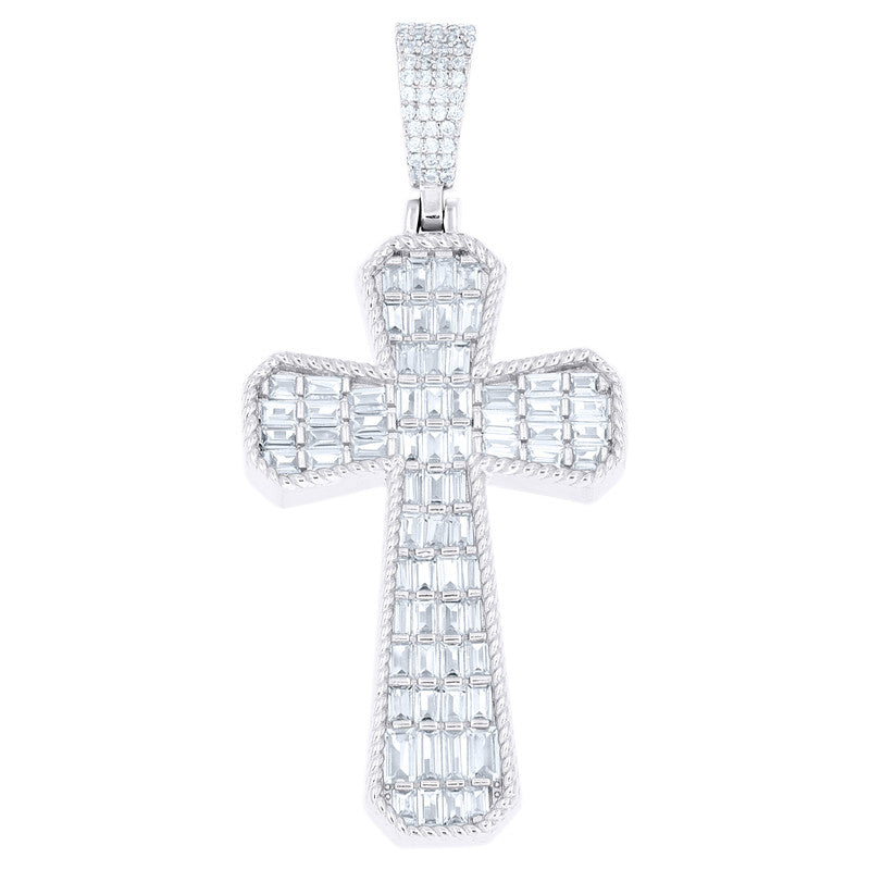 925 Sterling Silver Mens Baguette Round Cubic-Zirconia Cross Religious Charm Pendant