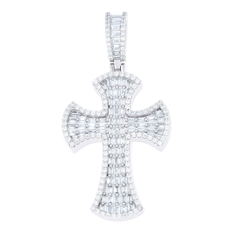 925 Sterling Silver Mens Baguette Round Cubic-Zirconia Cross Religious Charm Pendant