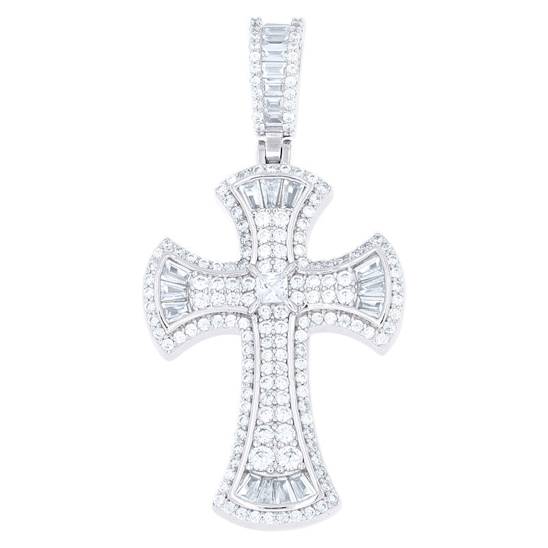 925 Sterling Silver Mens Baguette Round Cubic-Zirconia Cross Religious Charm Pendant