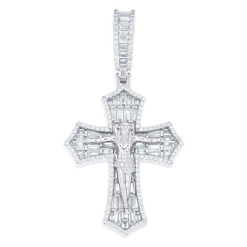925 Sterling Silver Mens Baguette Round Cubic-Zirconia Crucifix Cross Religious Charm Pendant