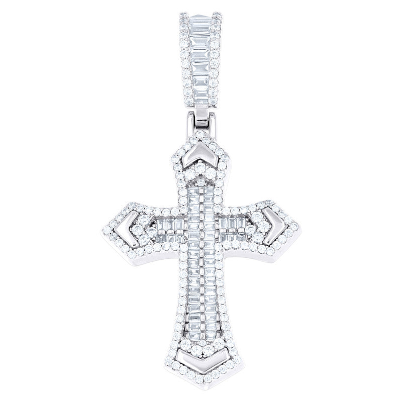 925 Sterling Silver Mens Baguette Round Cubic-Zirconia Cross Religious Charm Pendant