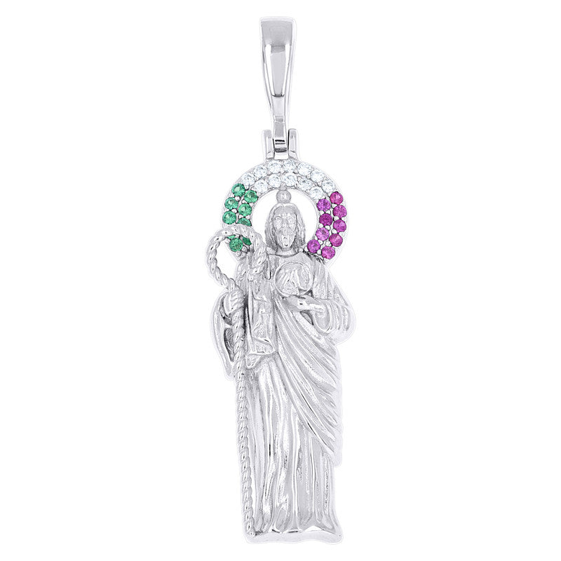 925 Sterling Silver Mens Green/Purple White Cubic-Zirconia St. Jude Religious Charm Pendant