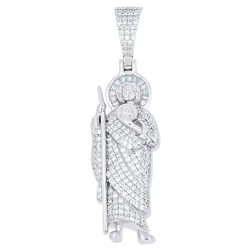 925 Sterling Silver Mens Baguette Round Cubic-Zirconia St. Jude Religious Charm Pendant