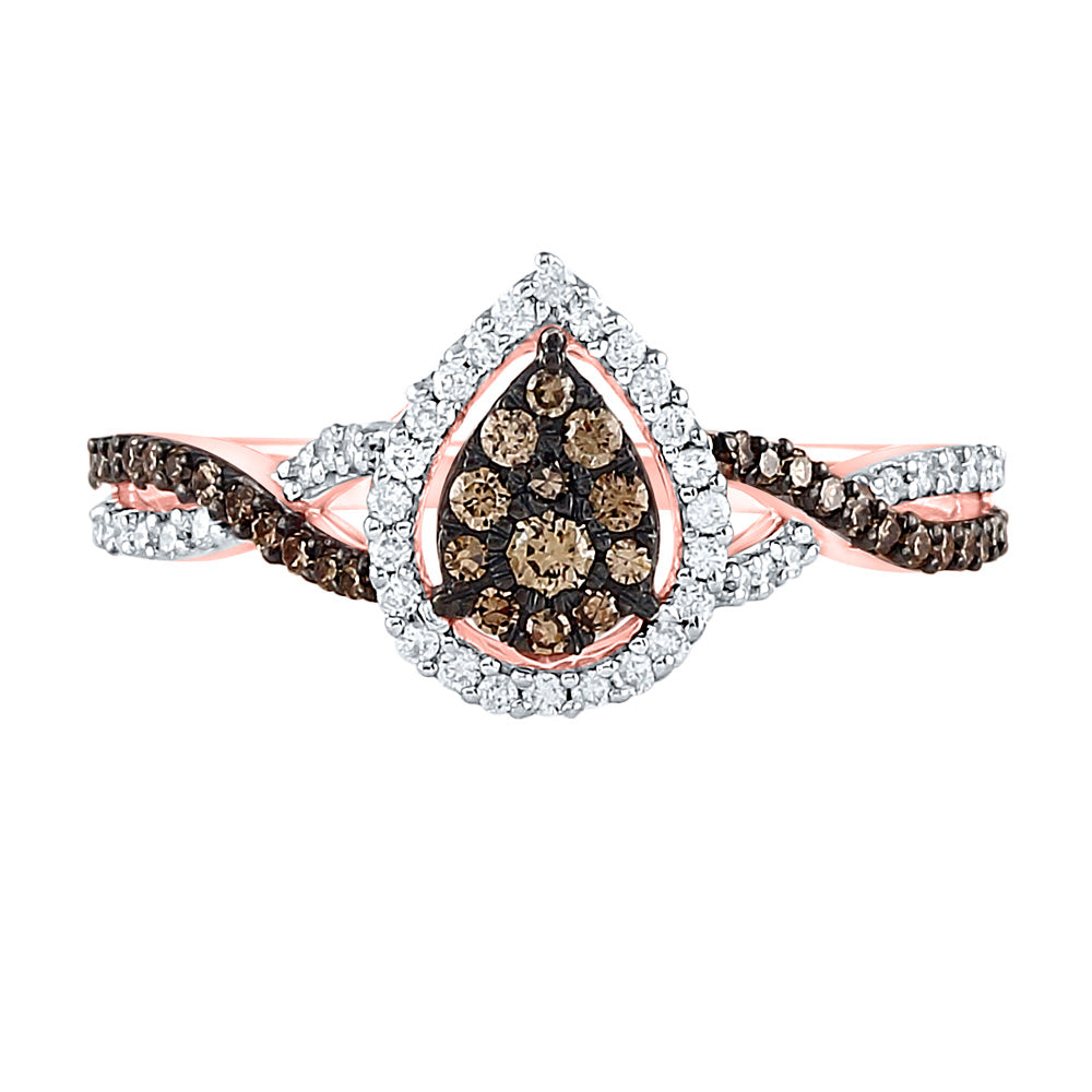 10K Rose Gold Womens Round Brown Diamond Fashion Pear Cluster Ring 1/3 Cttw, Womens Size: 5-10