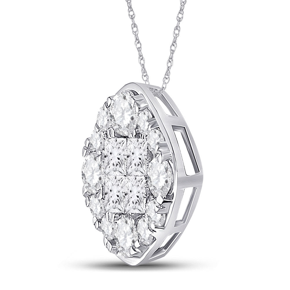14K White Gold Womens Princess Diamond Offset Square Cluster Pendant 1 Cttw
