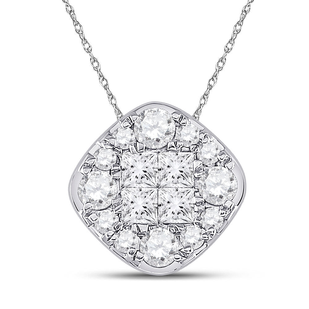 14K White Gold Womens Princess Diamond Offset Square Cluster Pendant 1 Cttw