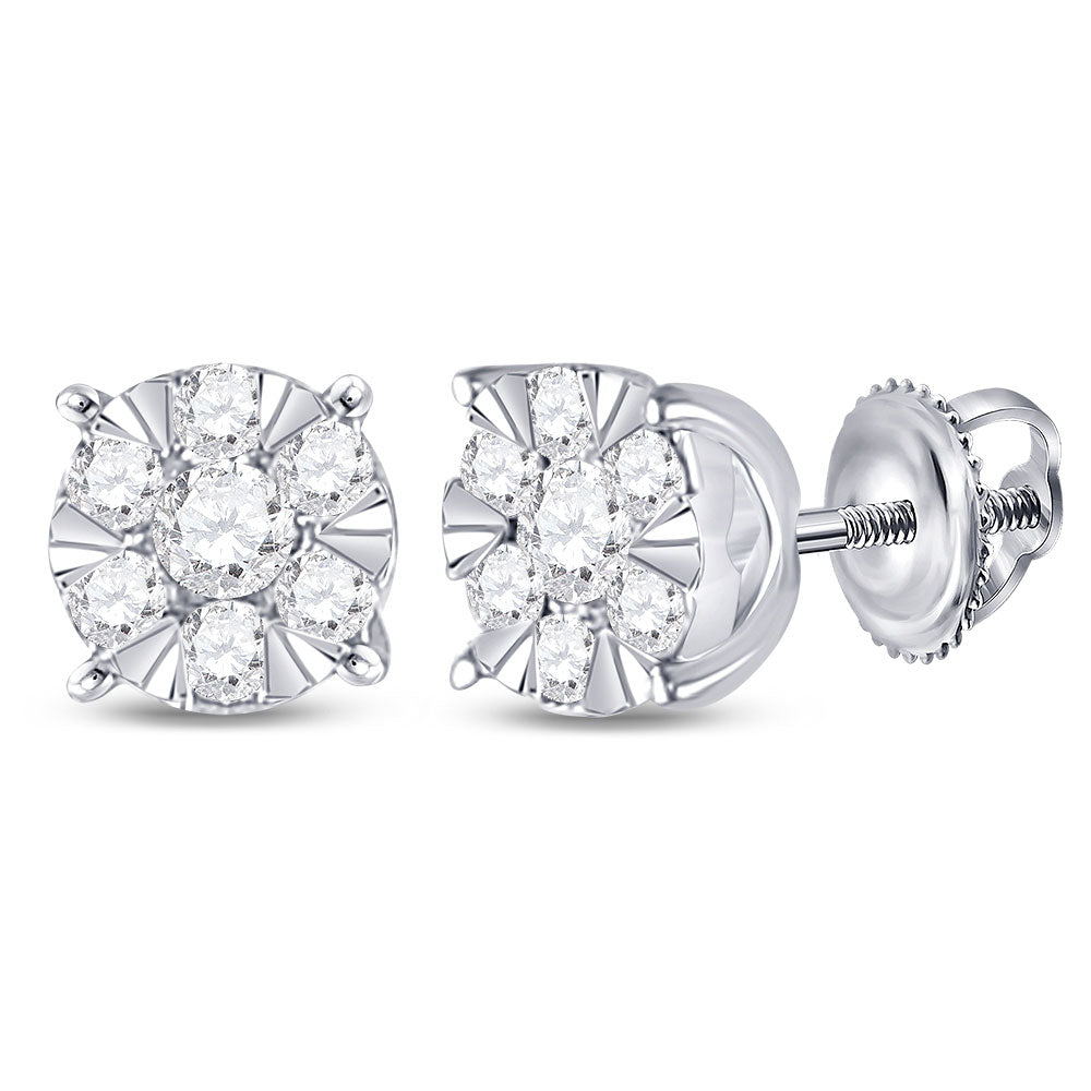 14K White Gold Womens Round Diamond Fashion Cluster Earrings 1/4 Cttw