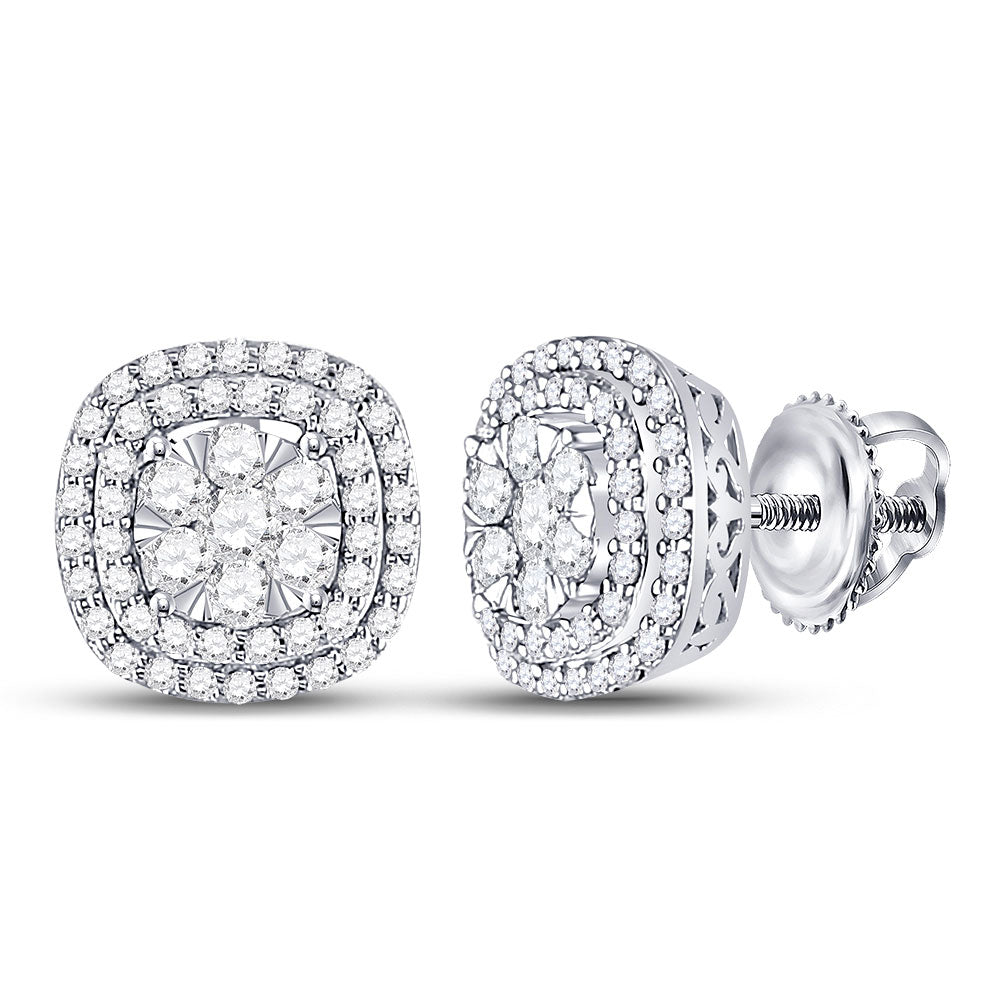 14K White Gold Womens Round Diamond Cluster Cushion Earrings 1 Cttw