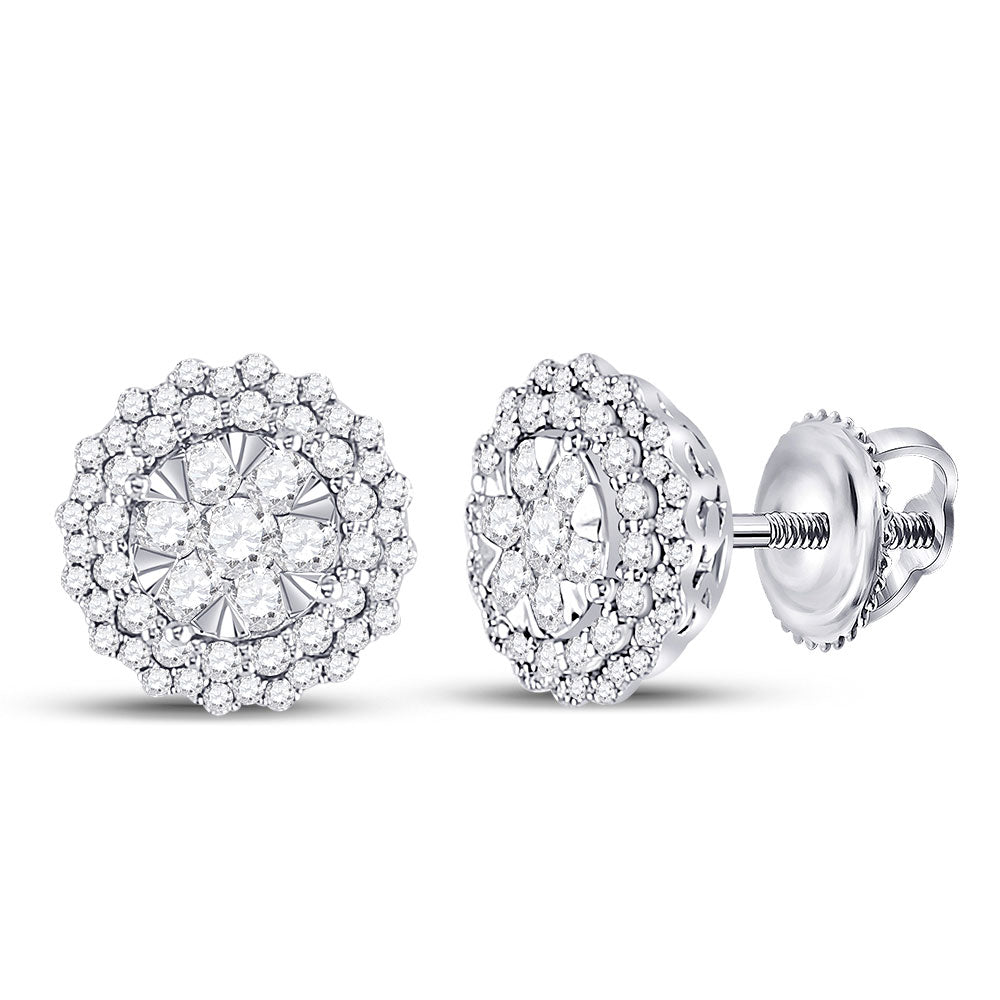 14K White Gold Womens Round Diamond Halo Cluster Earrings 1 Cttw