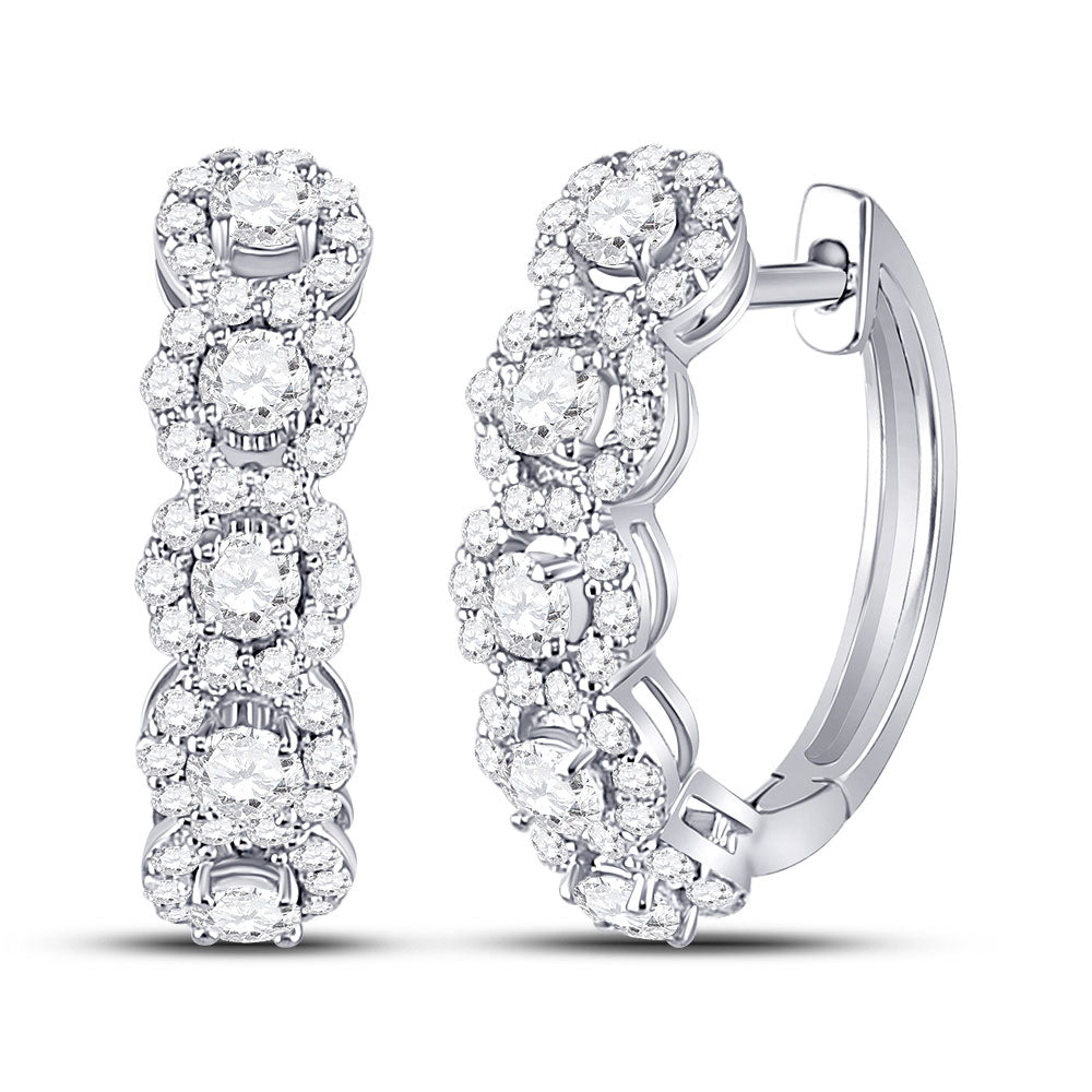 14K White Gold Womens Round Diamond Halo Hoop Earrings 1 Cttw