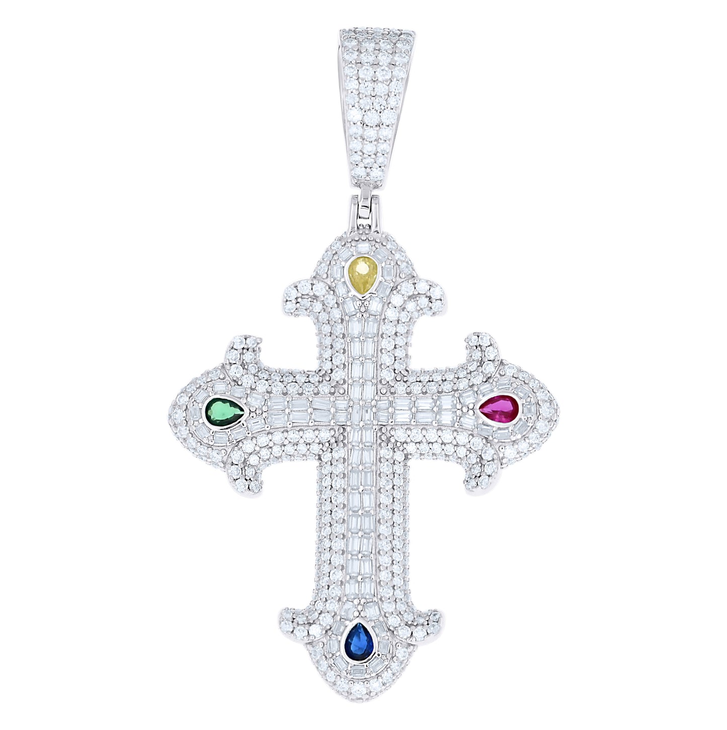 Sterling Silver Mens Multi-color Pear Round Moissanite Cross Religious Pendant – Elegant Jewelry Gift for Birthday, Anniversary, Engagement, Wedding