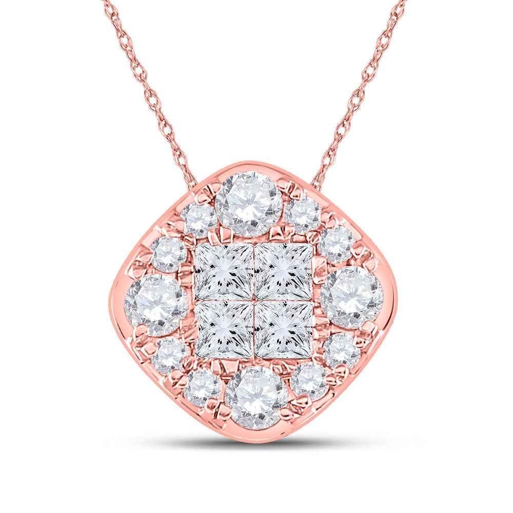 14K Rose Or Yellow Gold Womens Princess Diamond Offset Square Pendant