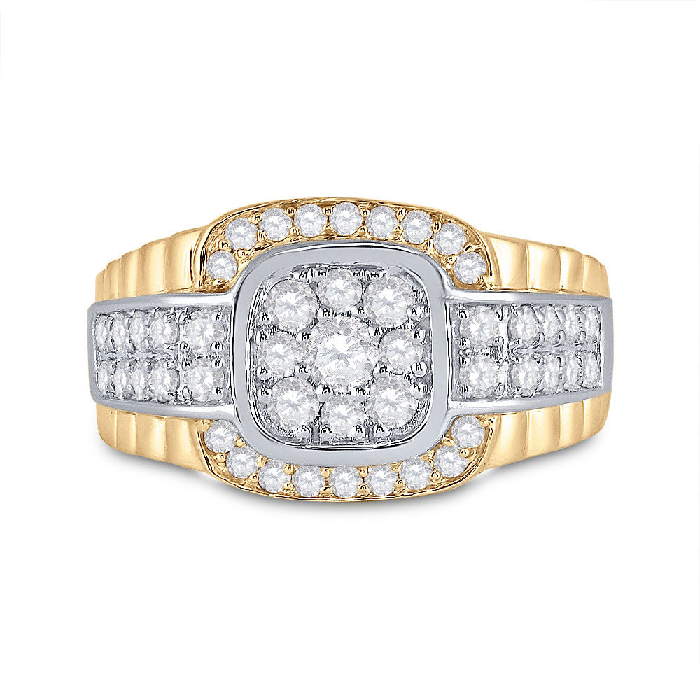10K Two-tone Gold Mens Round Diamond Ribbed Square Cluster Ring 1-1/4 Cttw, Mens Size: 7-13