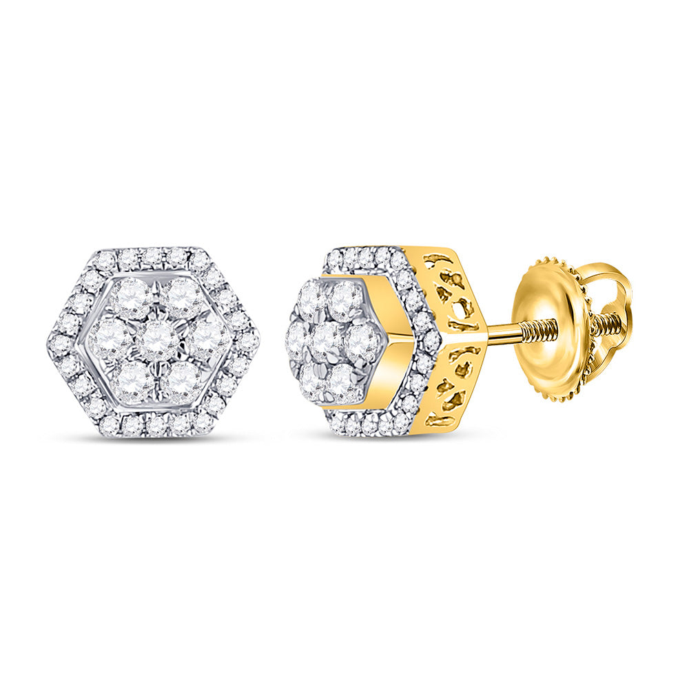10K Yellow Gold Round Diamond Hexagon Cluster Earrings 1/2 Cttw