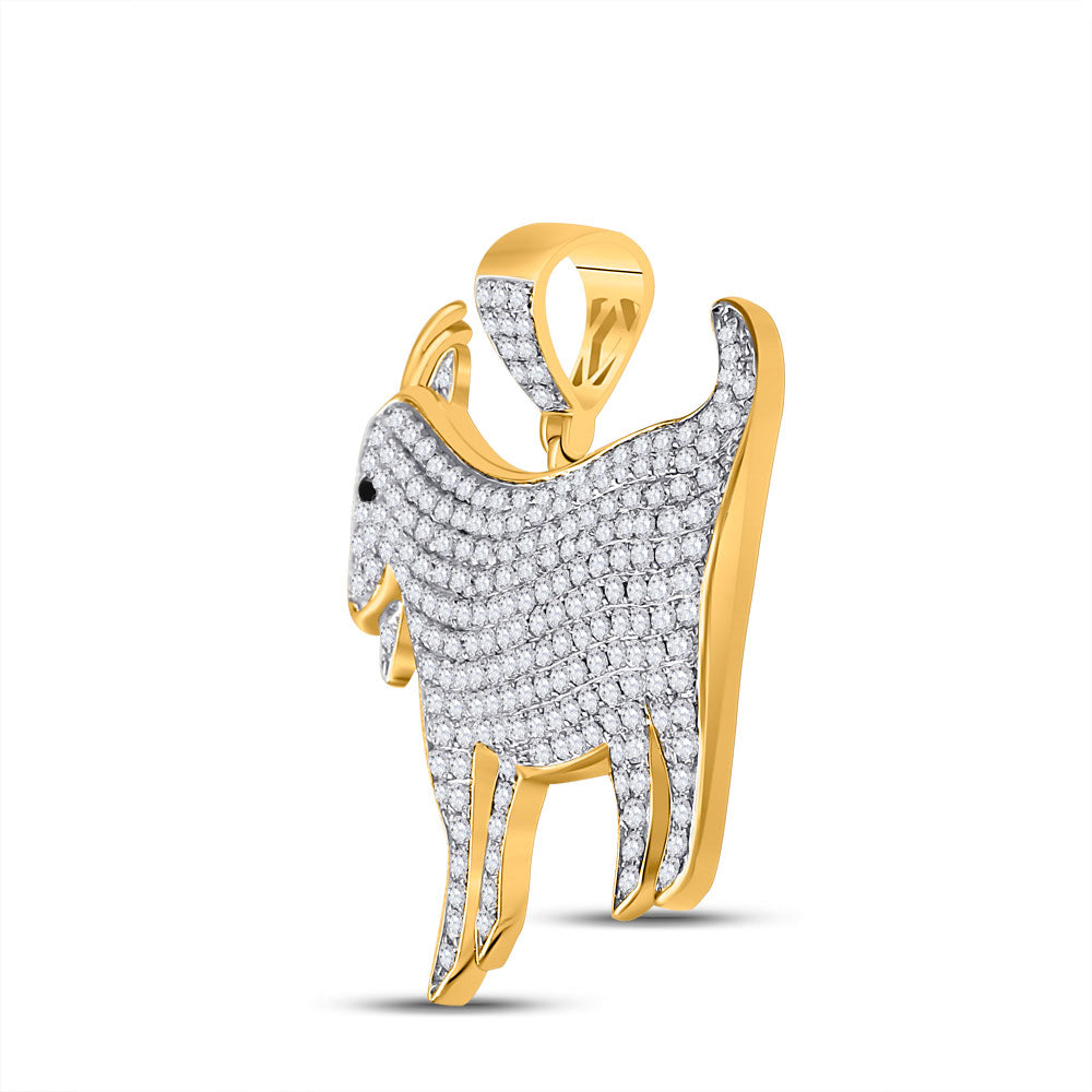 10K Yellow Gold Mens Round Diamond Goat Animal Charm Pendant 2-7/8 Cttw, Length: 1.43 In, Width: 1.52 In