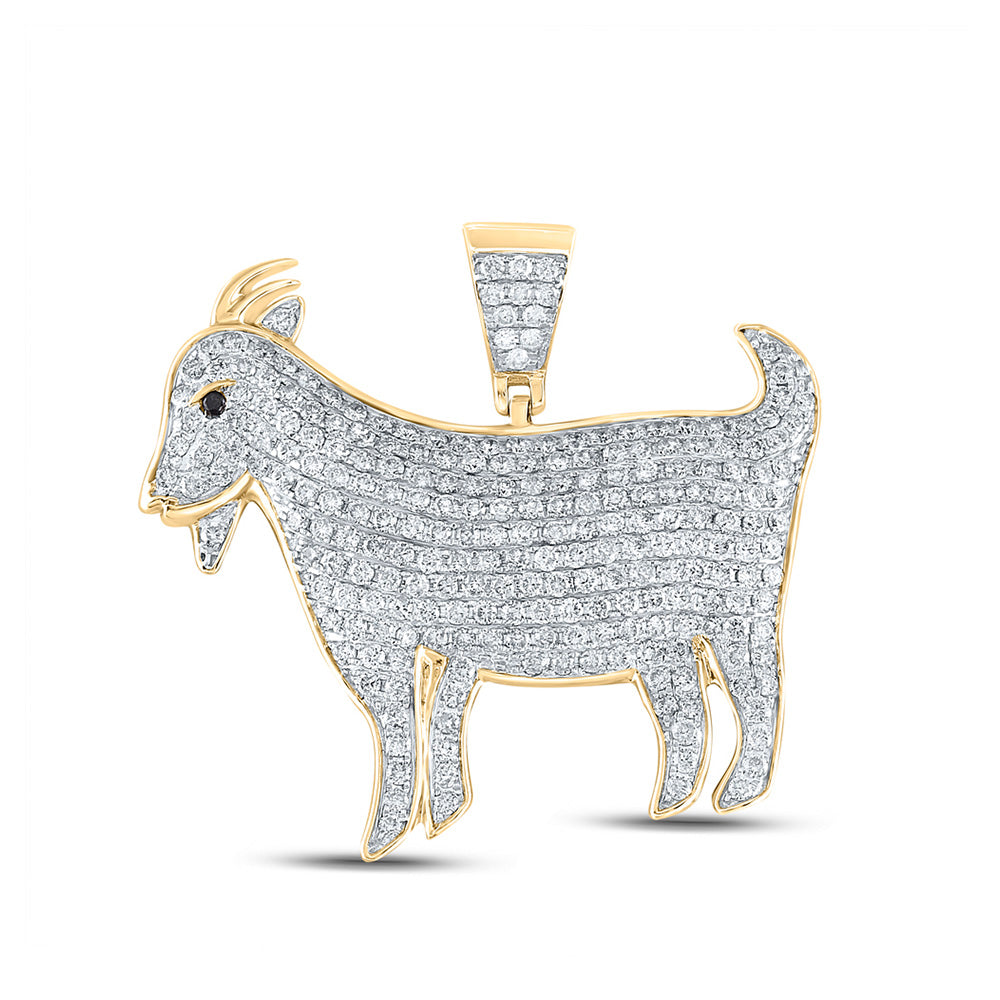 10K Yellow Gold Mens Round Diamond Goat Animal Charm Pendant 2-7/8 Cttw, Length: 1.43 In, Width: 1.52 In