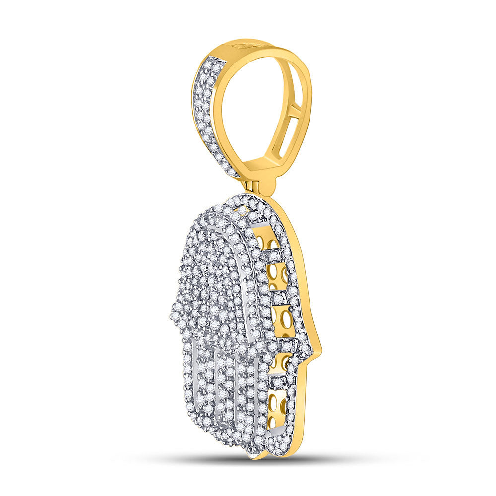 10K Yellow Gold Mens Round Diamond Hamsa Fatima Hand Charm Pendant 1-7/8 Cttw, Length: 1.74 In, Width: 0.94 In