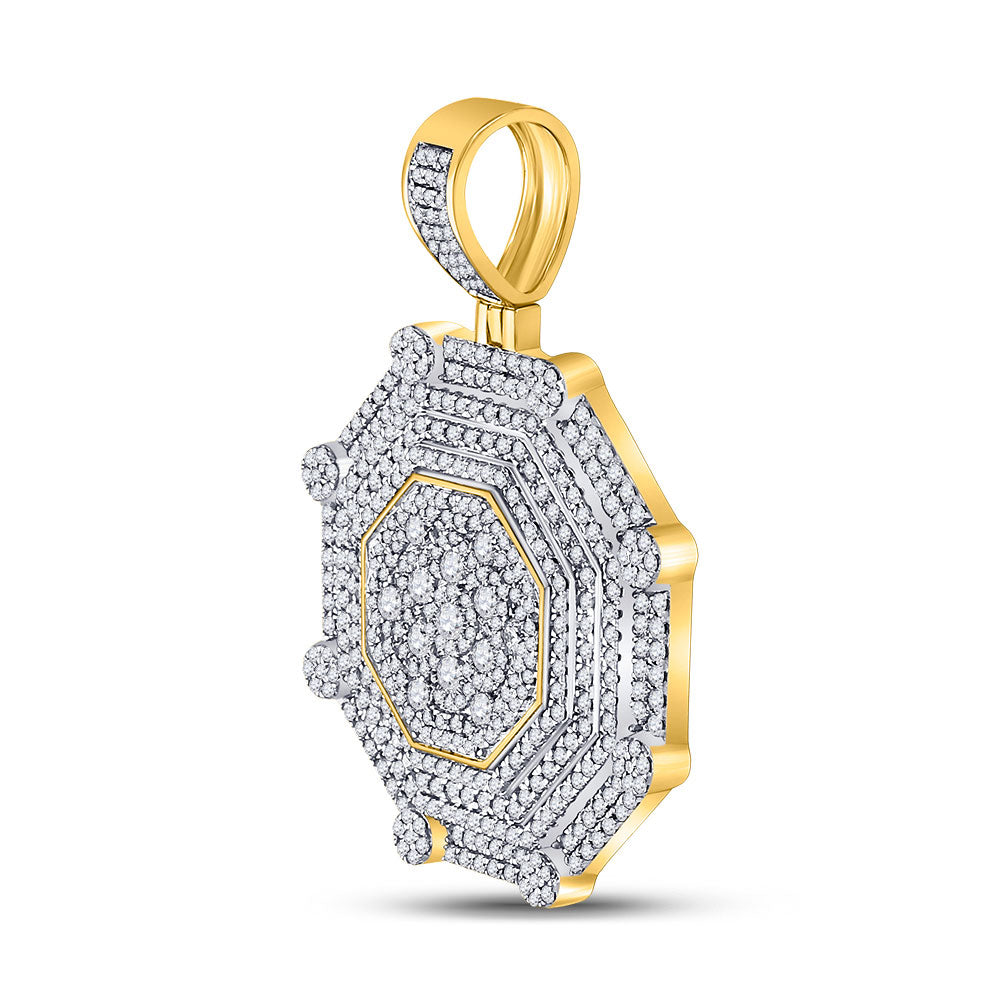 10K Yellow Gold Mens Round Diamond Octagon Cluster Charm Pendant 3-1/2 Cttw