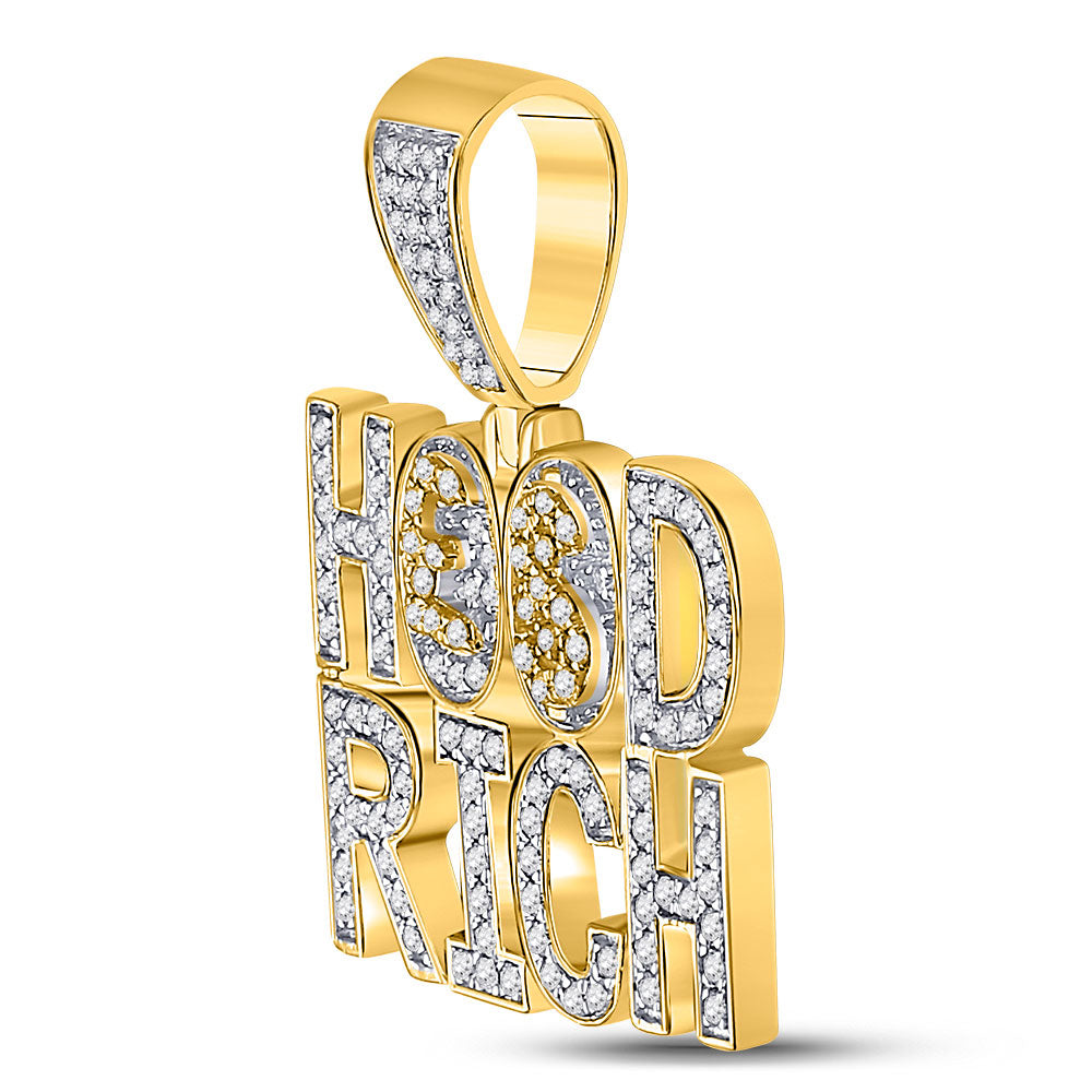 10K Yellow Gold Mens Round Diamond Hood Rich Phrase Charm Pendant 1-3/4 Cttw, Length: 1.6 In, Width: 1.25 In