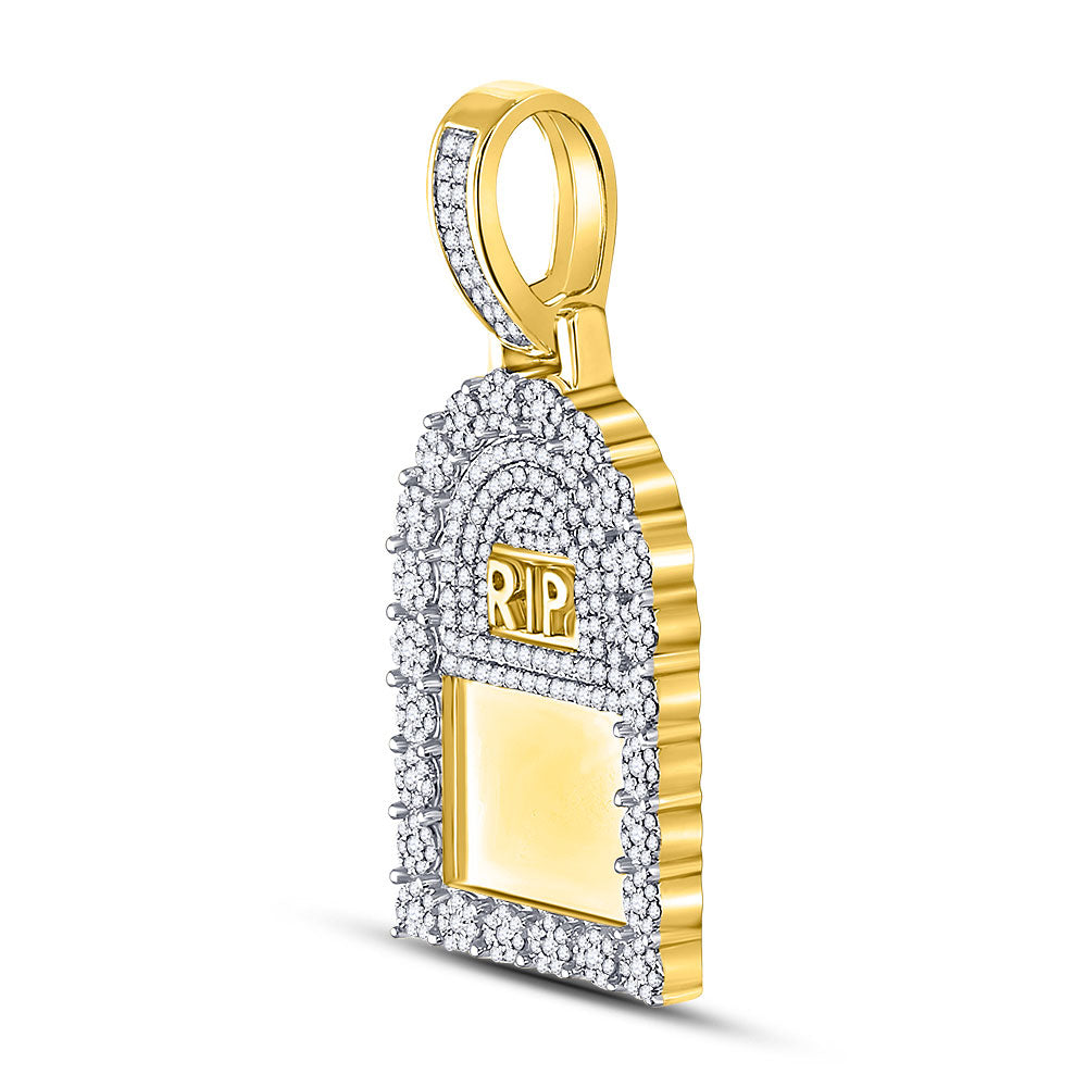 10K Yellow Gold Mens Round Diamond Headstone RIP Picture Memory Pendant 1-1/2 Cttw, Length: 1.95 In, Width: 0.94 In