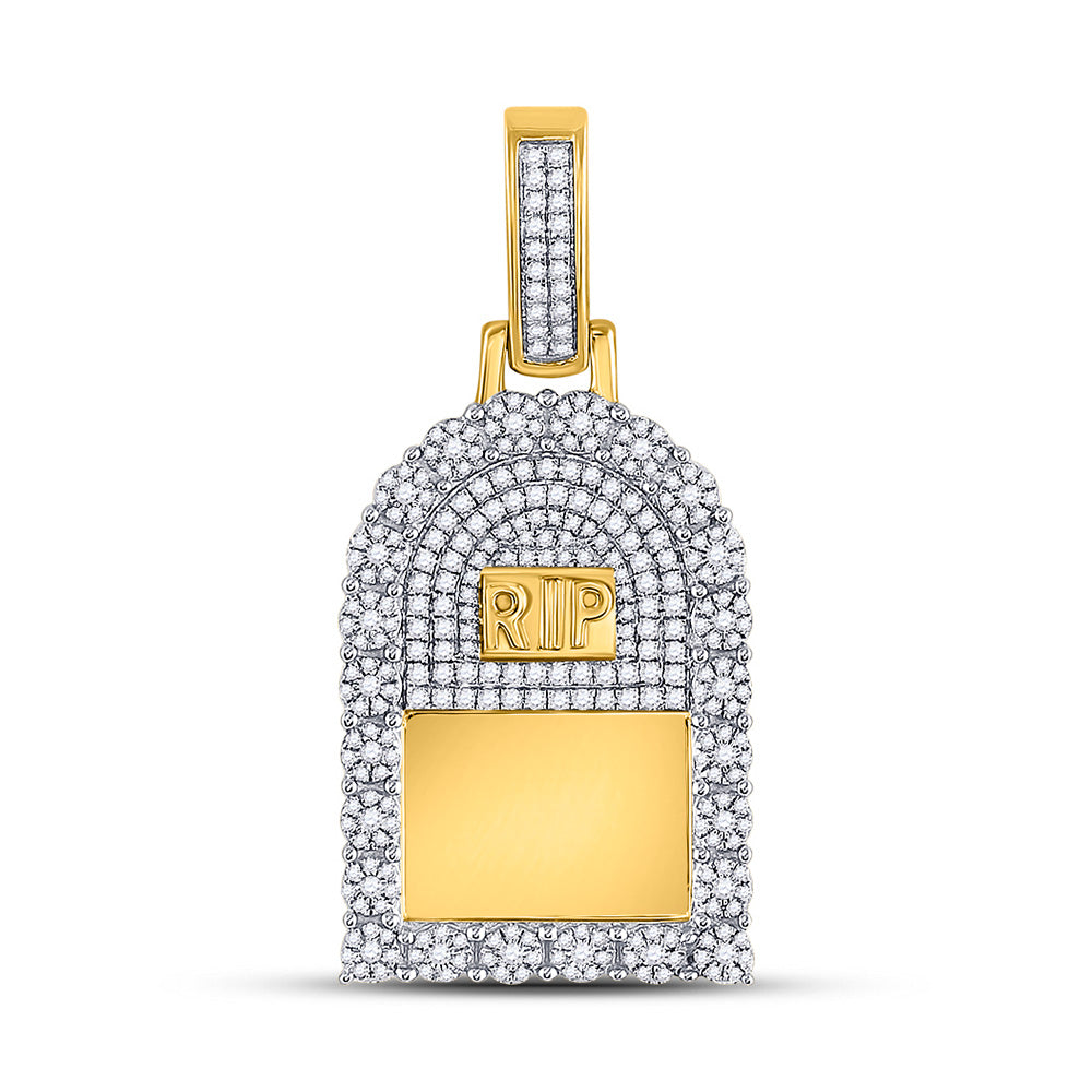 10K Yellow Gold Mens Round Diamond Headstone RIP Picture Memory Pendant 1-1/2 Cttw, Length: 1.95 In, Width: 0.94 In