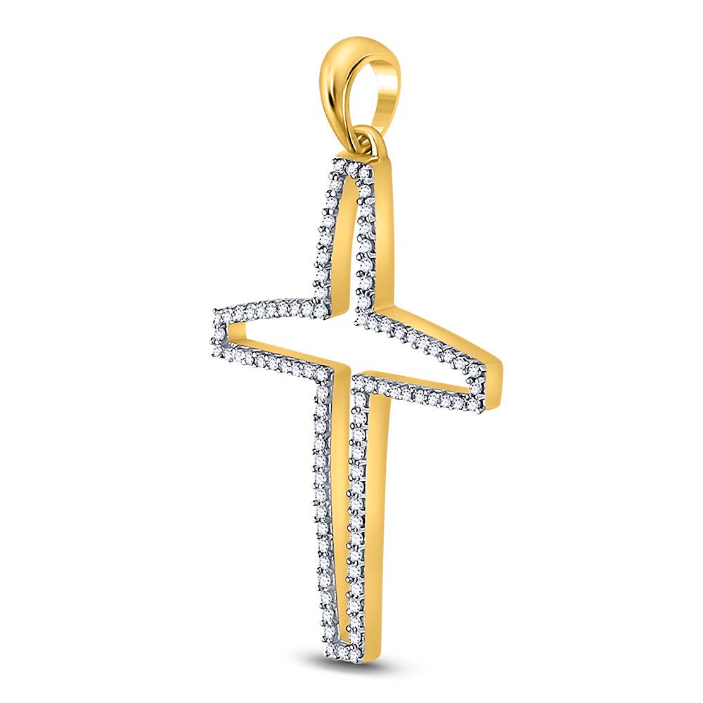 10K Yellow Gold Mens Round Diamond Cross Outline Charm Pendant 1/4 Cttw